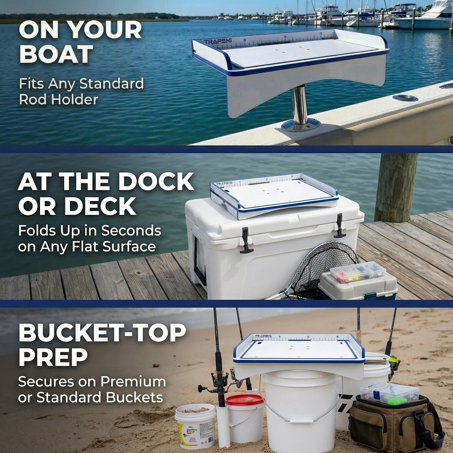 Premium Rod Mount 18" or 33" Raised Fillet Table – 3-in-1 Bait & Fish Station | Fits Rod Holders, Buckets & Flat Surfaces | Marine-Grade HDPE | Ruler, Juice Groove, Knife & Tool Slots