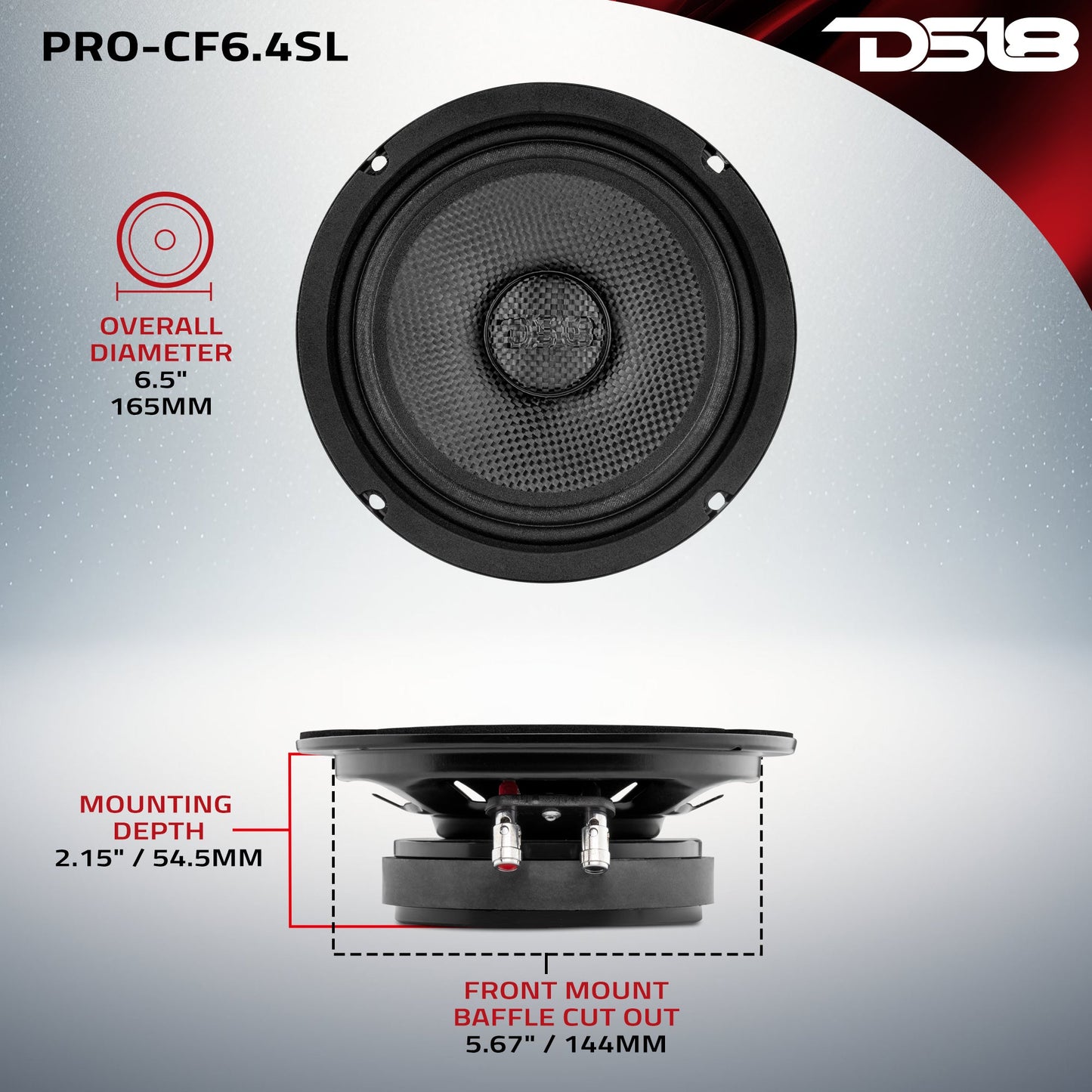 DS18 PRO 6.5” Shallow Mid-Bass Loudspeaker with Carbon Fiber Water-Resistant Cone | 250W RMS 4-Ohm