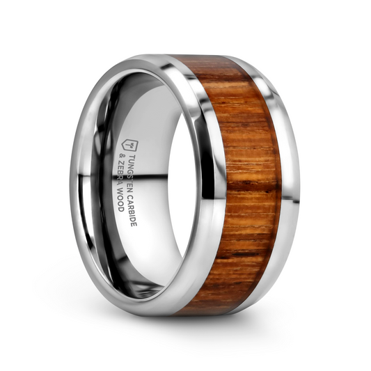 PALMALETTO Tungsten Carbide Ring with Beveled Edges and Real Zebra Wood Inlay - 10mm
