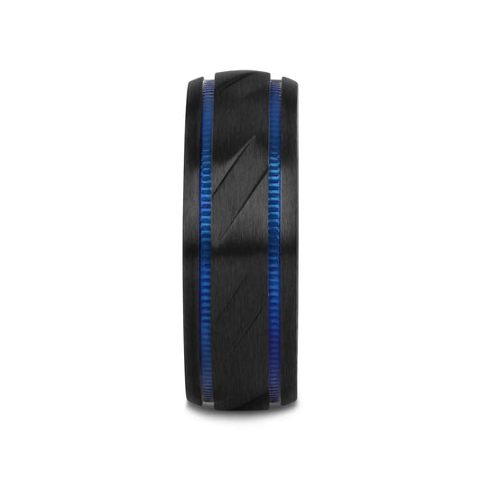 PATROL Black Titanium Carved Diagonal Pattern Brushed Finish Men’s Wedding Ring with Blue Milgrain Grooves – 8mm