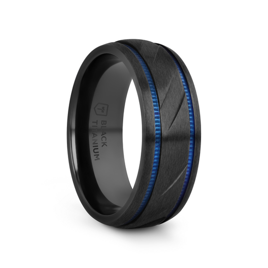 PATROL Black Titanium Carved Diagonal Pattern Brushed Finish Men’s Wedding Ring with Blue Milgrain Grooves – 8mm