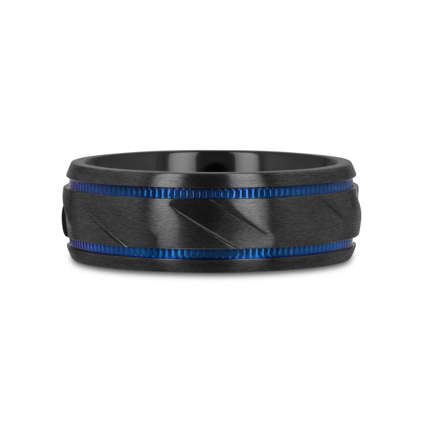 PATROL Black Titanium Carved Diagonal Pattern Brushed Finish Men’s Wedding Ring with Blue Milgrain Grooves – 8mm