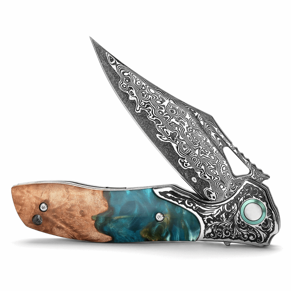 Ares Japanese Handmade Pocket Knife with Olive Burl Wood & Resin Handle