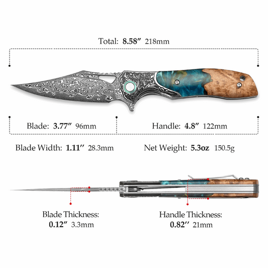 Ares Japanese Handmade Pocket Knife with Olive Burl Wood & Resin Handle