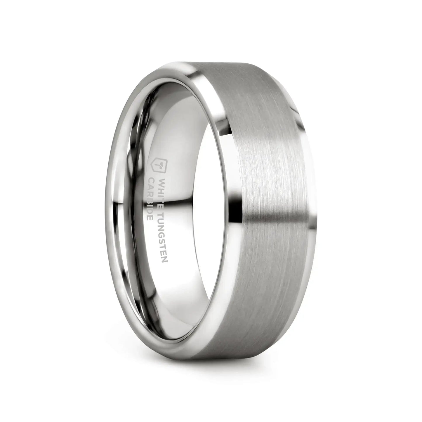 PETERSBURG Brushed Center White Tungsten Ring with Beveled Edges - 4mm - 10mm