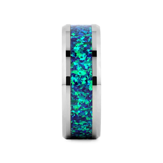 PHOTON Tungsten Beveled Wedding Band with Emerald Green & Sapphire Blue Color Opal Inlay - 6mm & 8mm