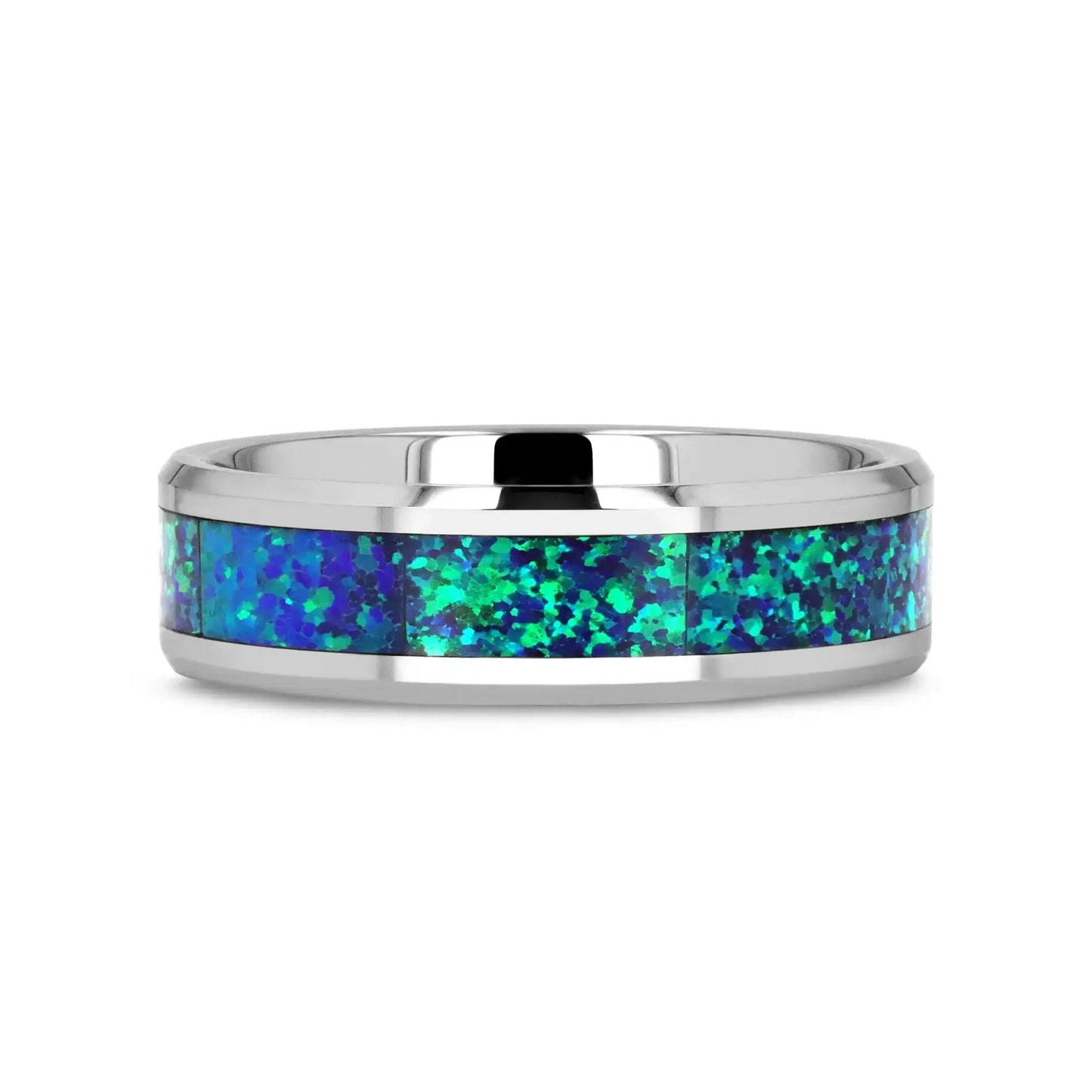 PHOTON Tungsten Beveled Wedding Band with Emerald Green & Sapphire Blue Color Opal Inlay - 6mm & 8mm