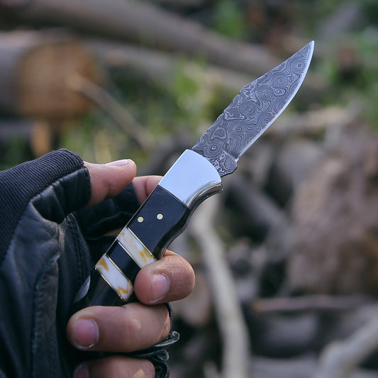 Blaze Handmade Damascus folding knife with Sheath