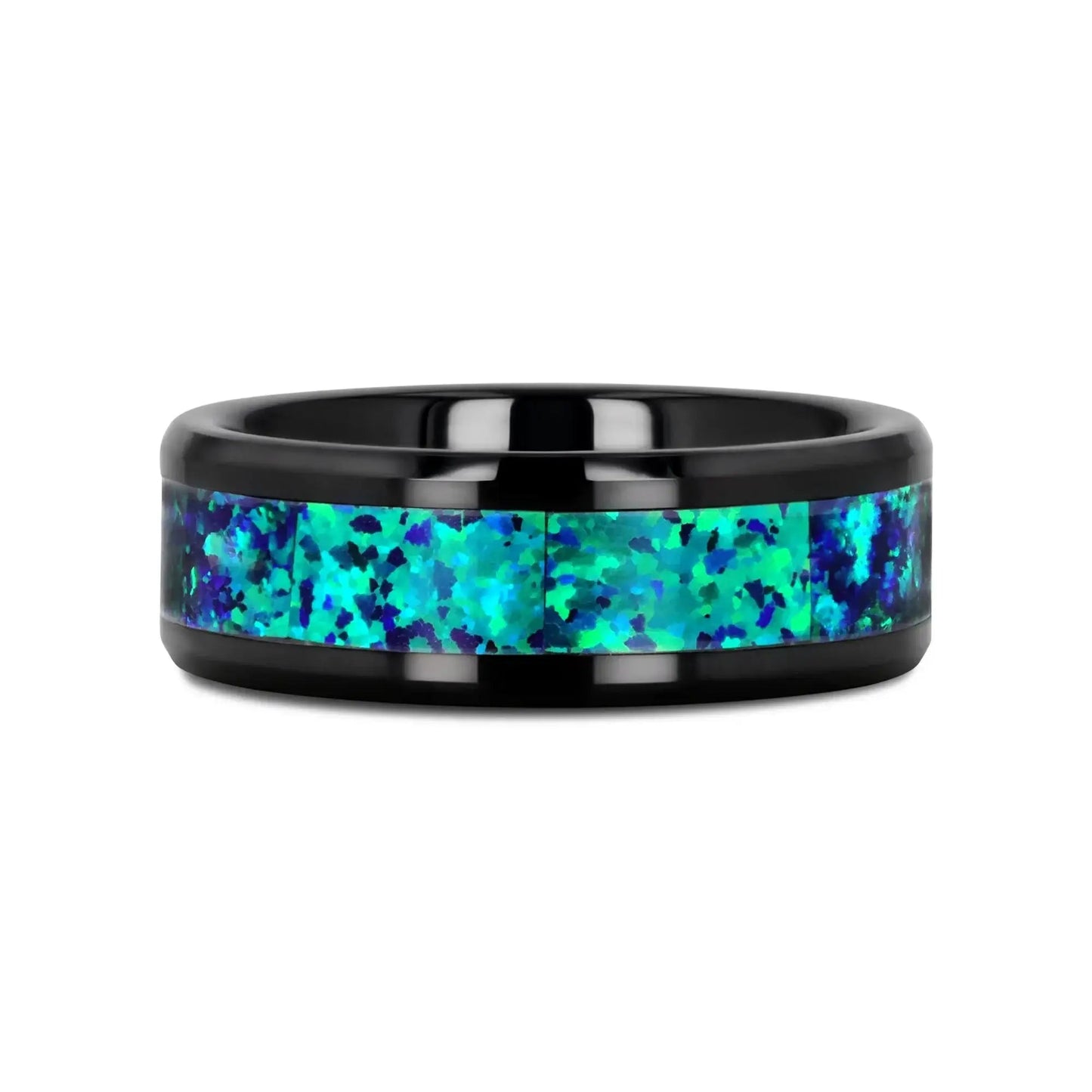 PULSAR Black Ceramic Wedding Band with Beveled Edges and Emerald Green & Sapphire Blue Color Opal Inlay - 6mm or 8 mm