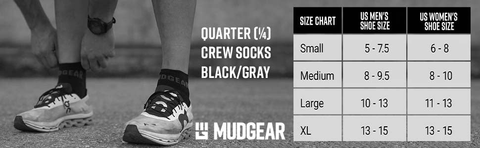 MudGear Quarter (¼) Crew Socks - Black/Gray (2 pair pack)
