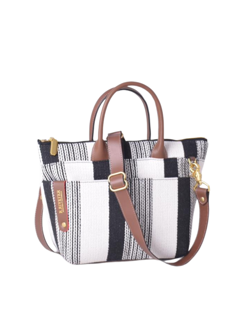 Dot | Small Tote | Black and White Woven + Brown Leather
