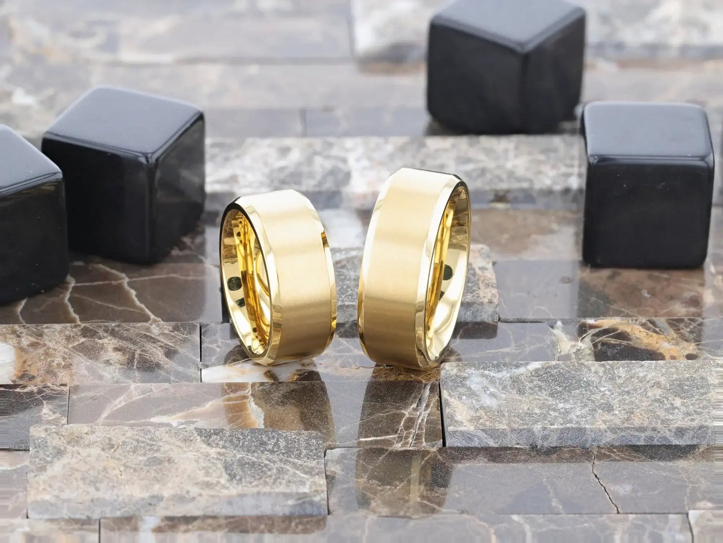 RADIATE Gold-Plated Titanium Flat Brushed Center Men's Wedding Ring With Beveled Polished Edges - 8mm
