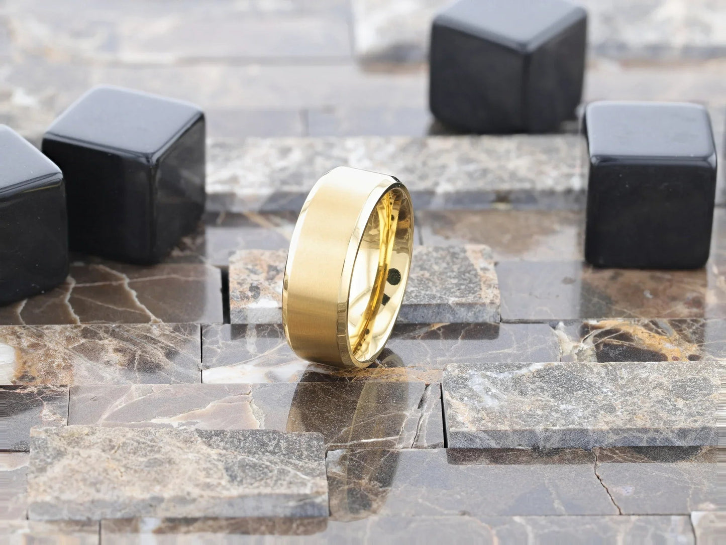 RADIATE Gold-Plated Titanium Flat Brushed Center Men's Wedding Ring With Beveled Polished Edges - 8mm