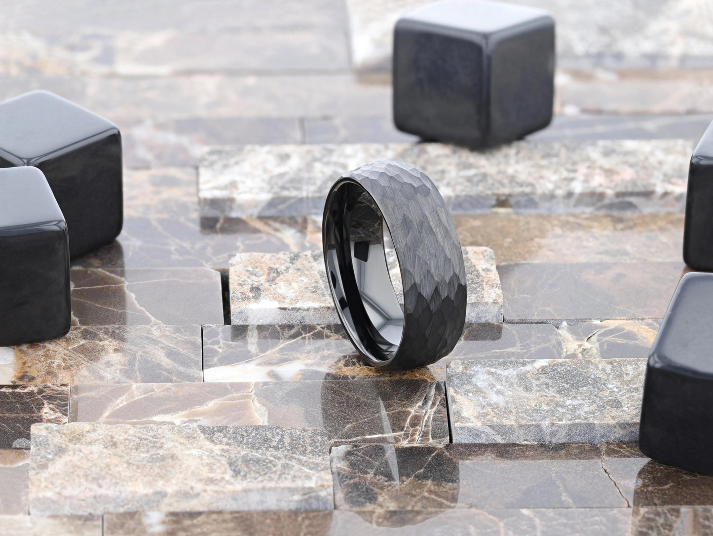 RENEGADE Domed Hammered Black Tungsten Carbide Wedding Band, Brushed Finish – 6mm or 8mm