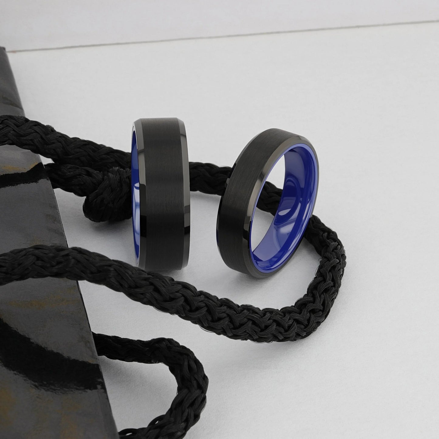 RIGEL Black Tungsten Carbide Ring – Flat Brushed Center, Polished Beveled Edges, Blue Ceramic Interior (6mm & 8mm)