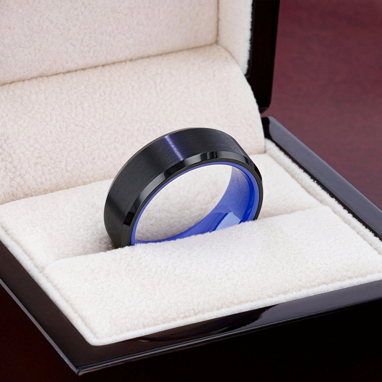RIGEL Black Tungsten Carbide Ring – Flat Brushed Center, Polished Beveled Edges, Blue Ceramic Interior (6mm & 8mm)
