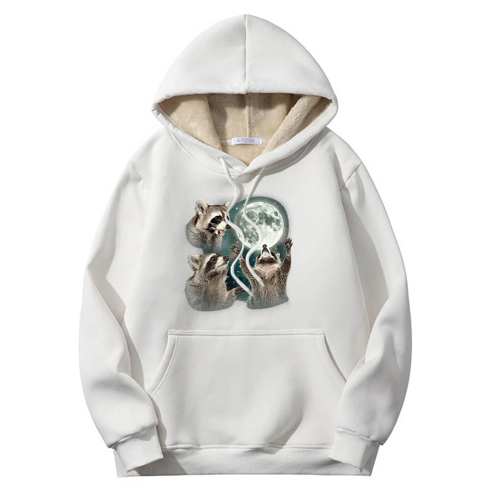 Racoons howling at the Moon Crew Collar Fleece Sherpa Hoodie