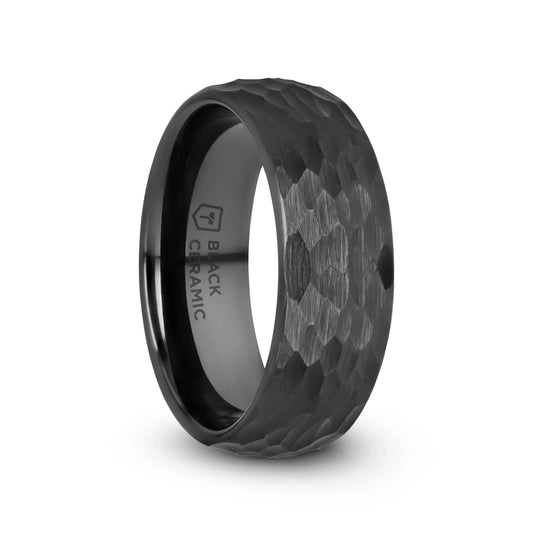 RAGNAROK Domed Hammer Finish Black Ceramic Wedding Band with Brushed Finish - 6mm & 8mm