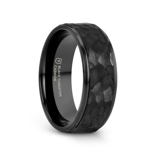 REBEL Raised Hammer Finish Step Edge Black Tungsten Carbide Wedding Band – 6mm or 8mm
