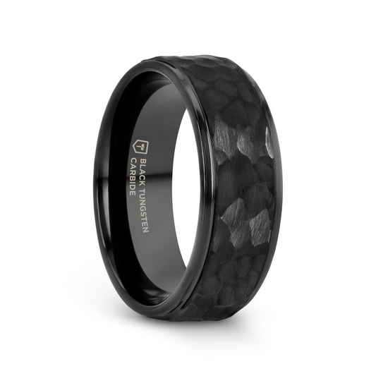REBEL Raised Hammer Finish Step Edge Black Tungsten Carbide Wedding Band – 6mm or 8mm