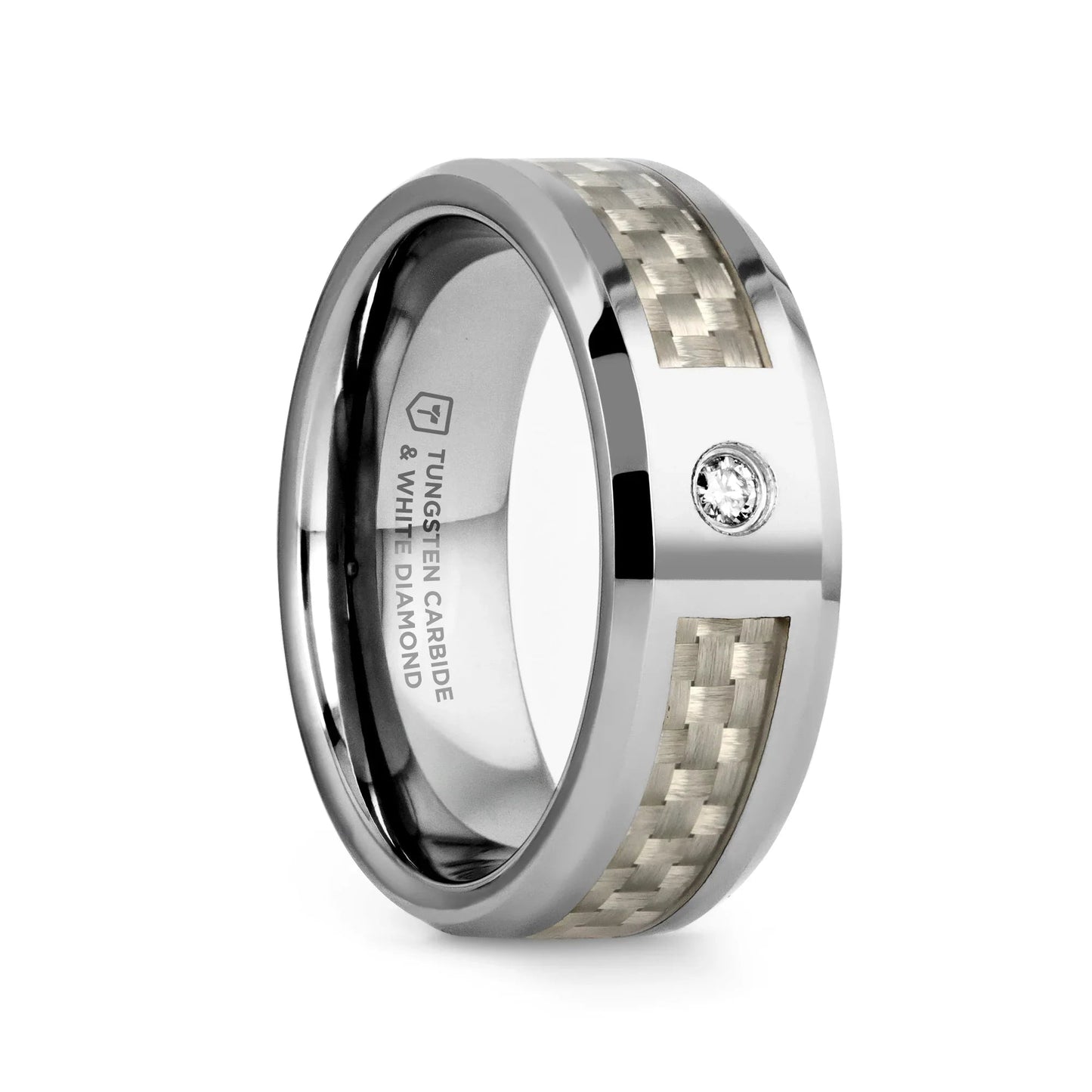 ROYCE Tungsten Wedding Band with White Carbon Fiber and White Diamond Setting - 8mm