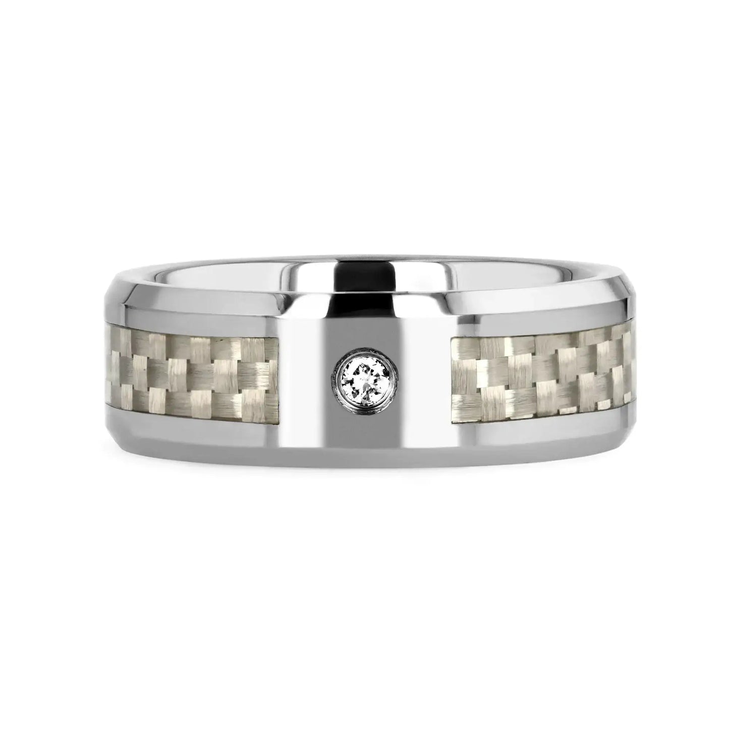 ROYCE Tungsten Wedding Band with White Carbon Fiber and White Diamond Setting - 8mm