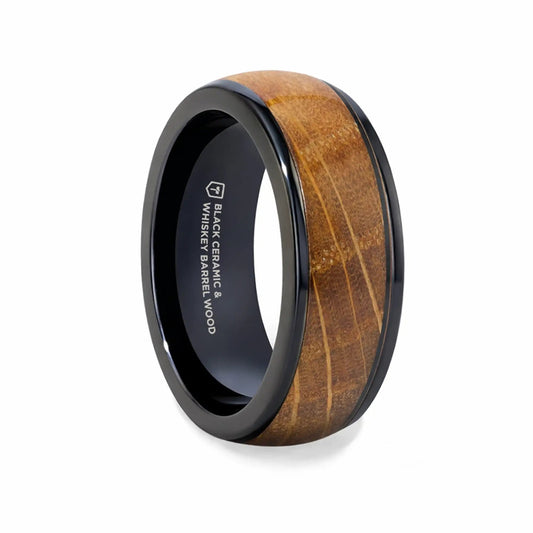 SCOTCH Black Ceramic Ring with Whiskey Barrel Wood Inlay- 8mm