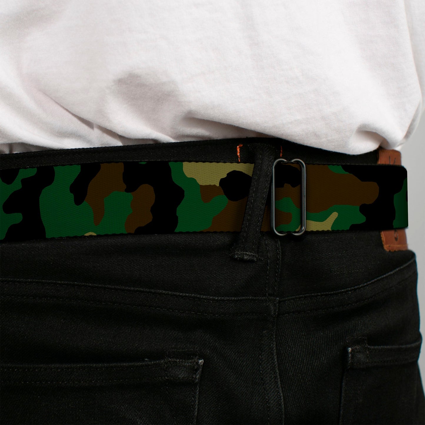 BD Wings Logo CLOSE-UP Full Color Black Silver Seatbelt Belt - Camo Olive Webbing