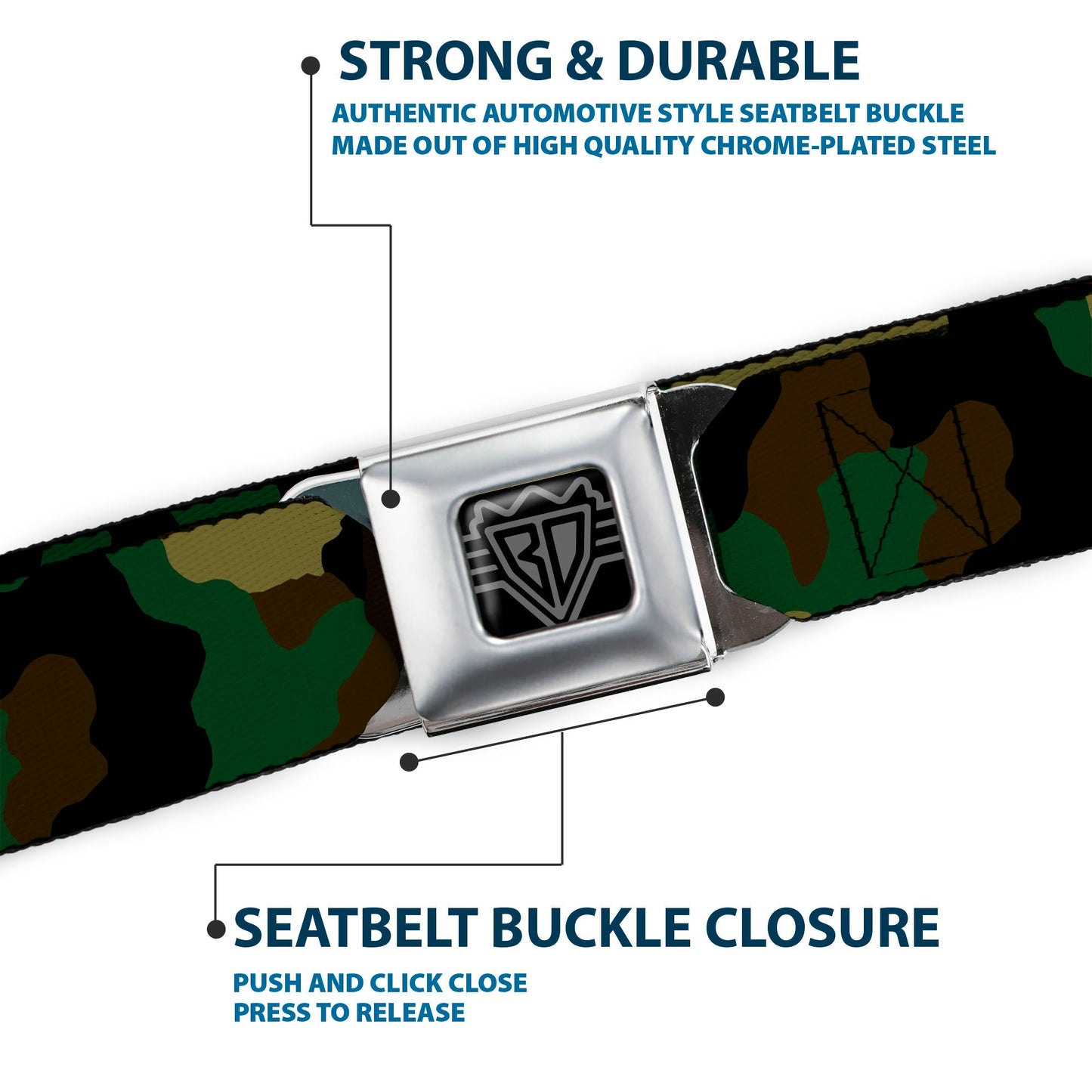 BD Wings Logo CLOSE-UP Full Color Black Silver Seatbelt Belt - Camo Olive Webbing
