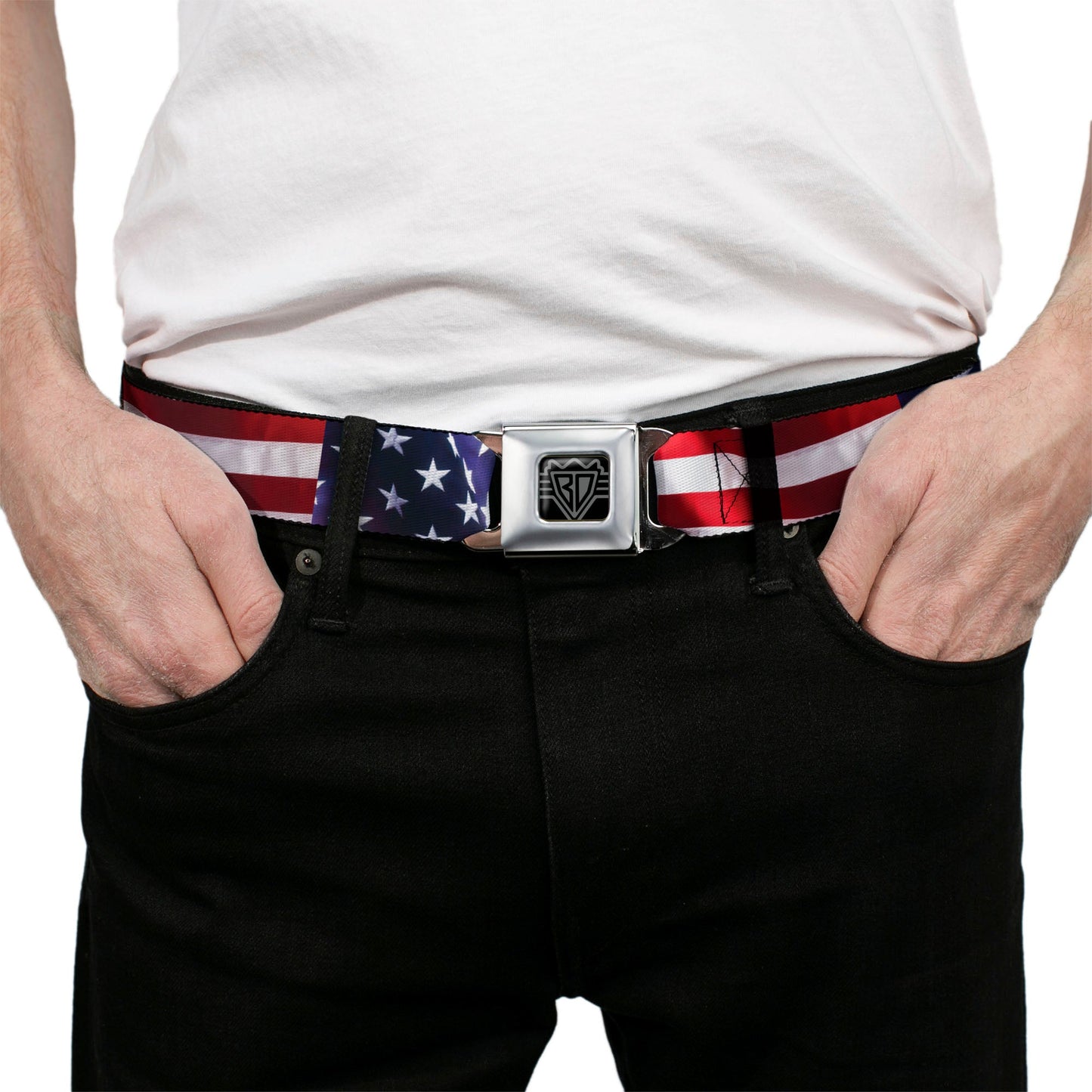 BD Wings Logo CLOSE-UP Full Color Black Silver Seatbelt Belt - American Flag Vivid CLOSE-UP Webbing