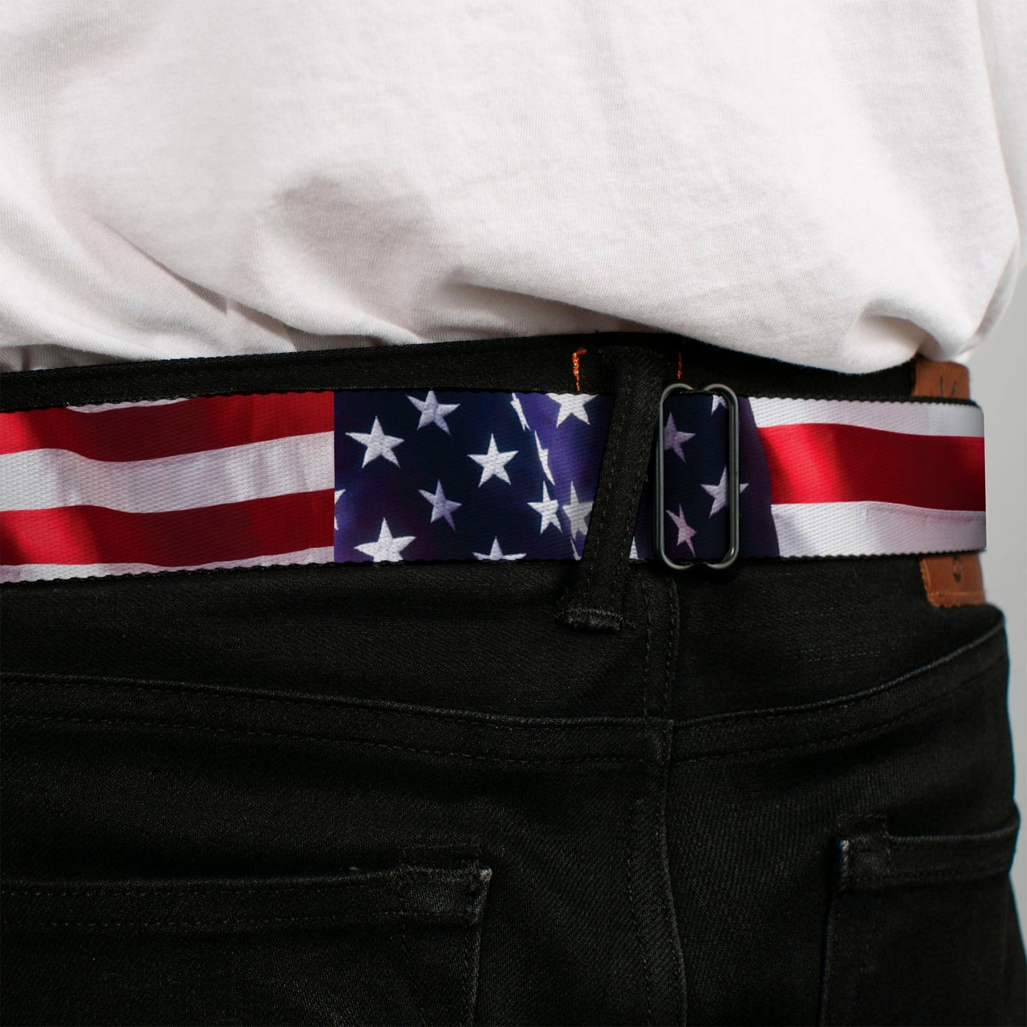 BD Wings Logo CLOSE-UP Full Color Black Silver Seatbelt Belt - American Flag Vivid CLOSE-UP Webbing