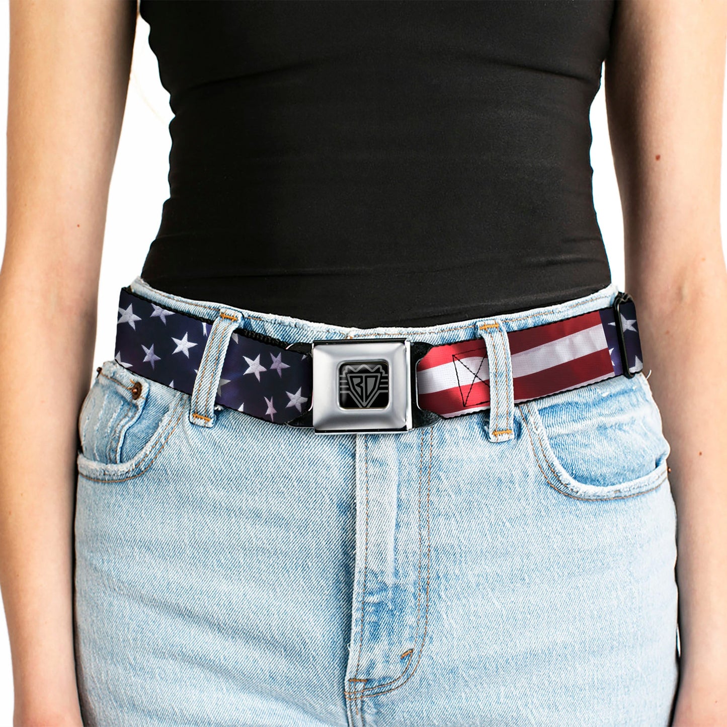 BD Wings Logo CLOSE-UP Full Color Black Silver Seatbelt Belt - American Flag Vivid CLOSE-UP Webbing