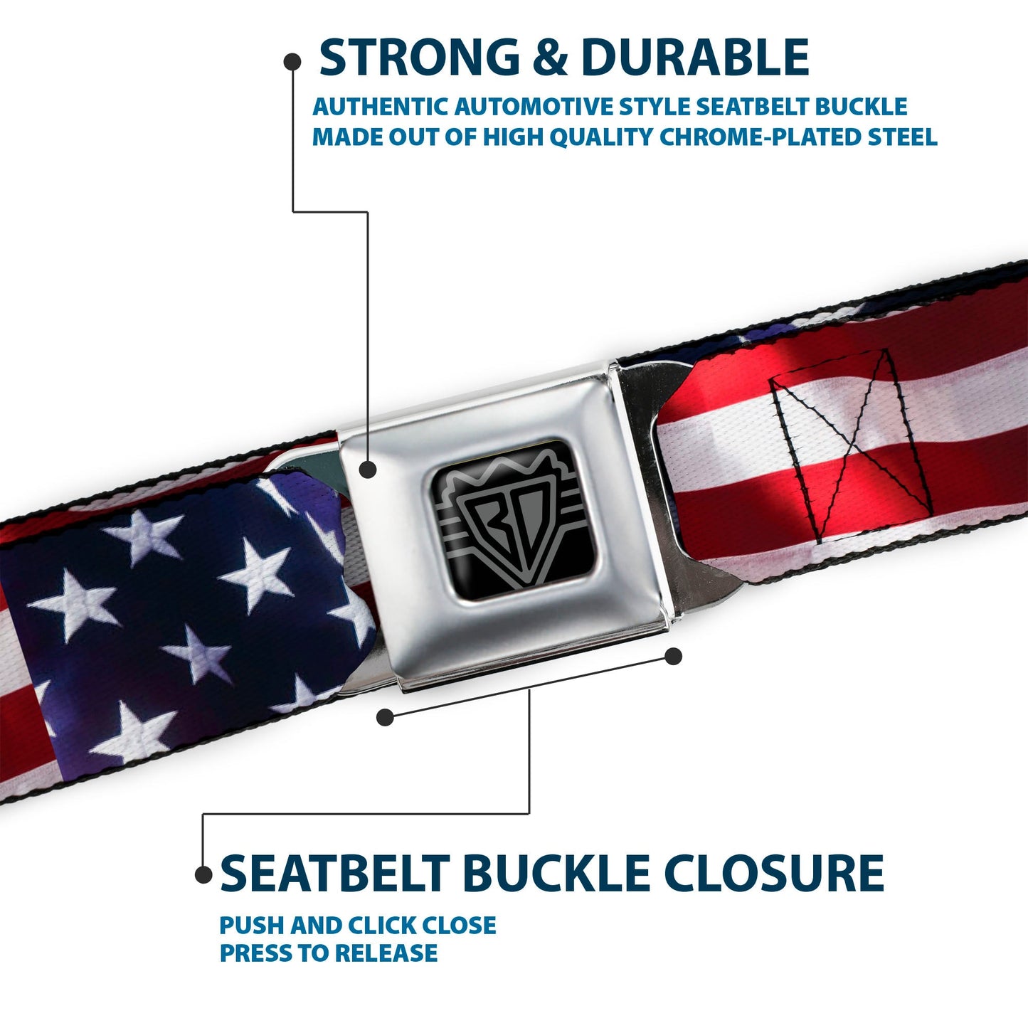 BD Wings Logo CLOSE-UP Full Color Black Silver Seatbelt Belt - American Flag Vivid CLOSE-UP Webbing