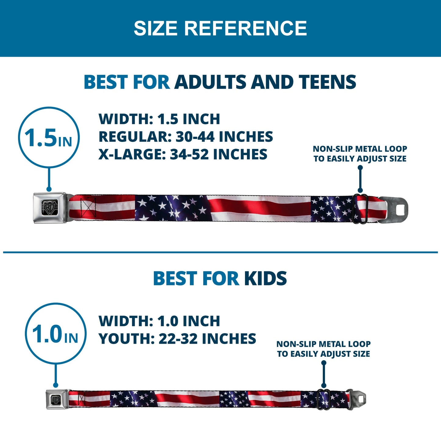 BD Wings Logo CLOSE-UP Full Color Black Silver Seatbelt Belt - American Flag Vivid CLOSE-UP Webbing