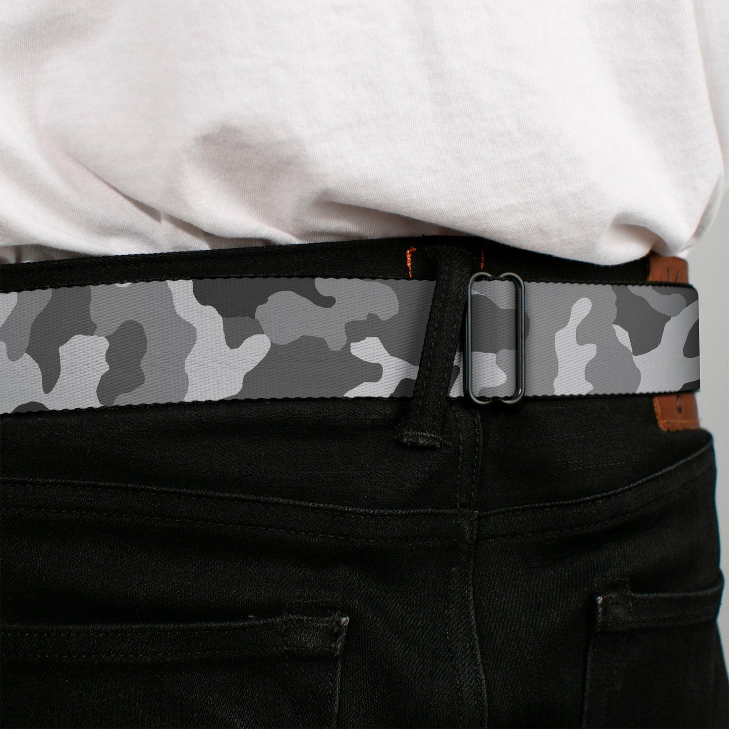 BD Wings Logo CLOSE-UP Full Color Black Silver Seatbelt Belt - Camo White Webbing