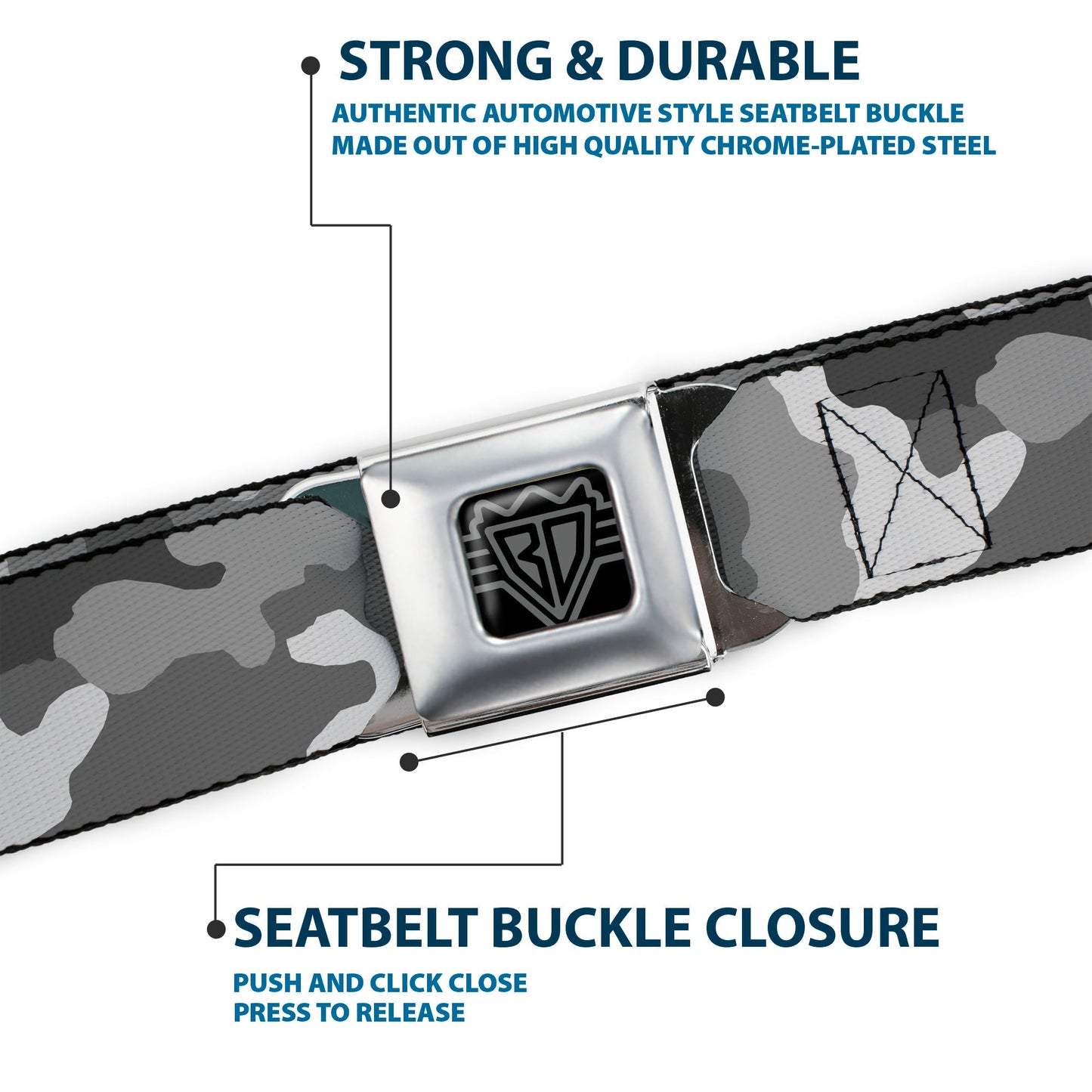 BD Wings Logo CLOSE-UP Full Color Black Silver Seatbelt Belt - Camo White Webbing