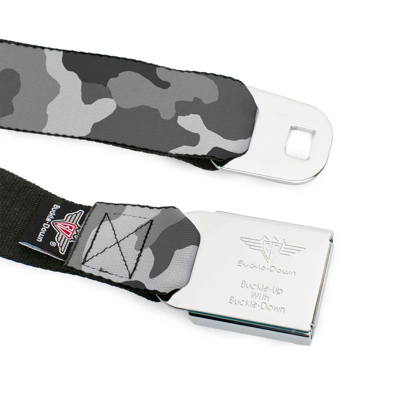 BD Wings Logo CLOSE-UP Full Color Black Silver Seatbelt Belt - Camo White Webbing