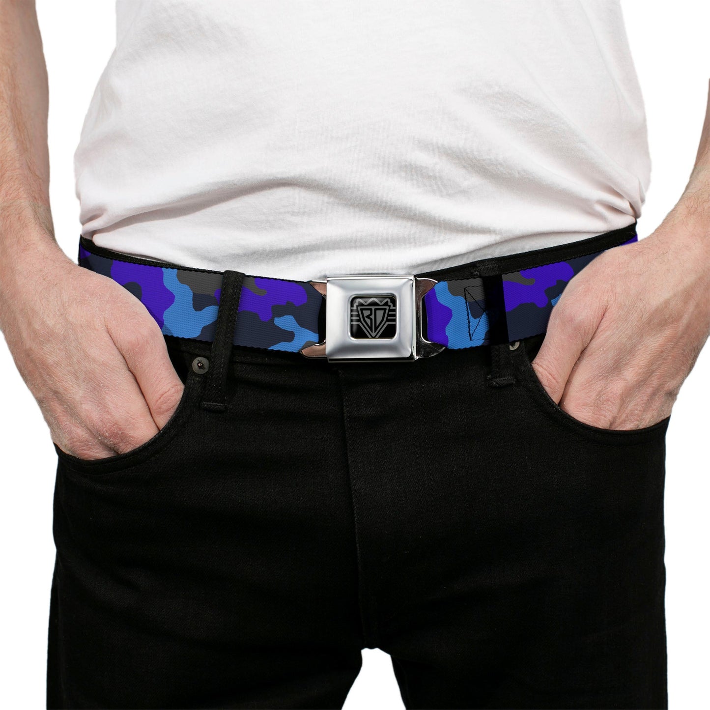 BD Wings Logo CLOSE-UP Full Color Black Silver Seatbelt Belt - Camo Blue Webbing