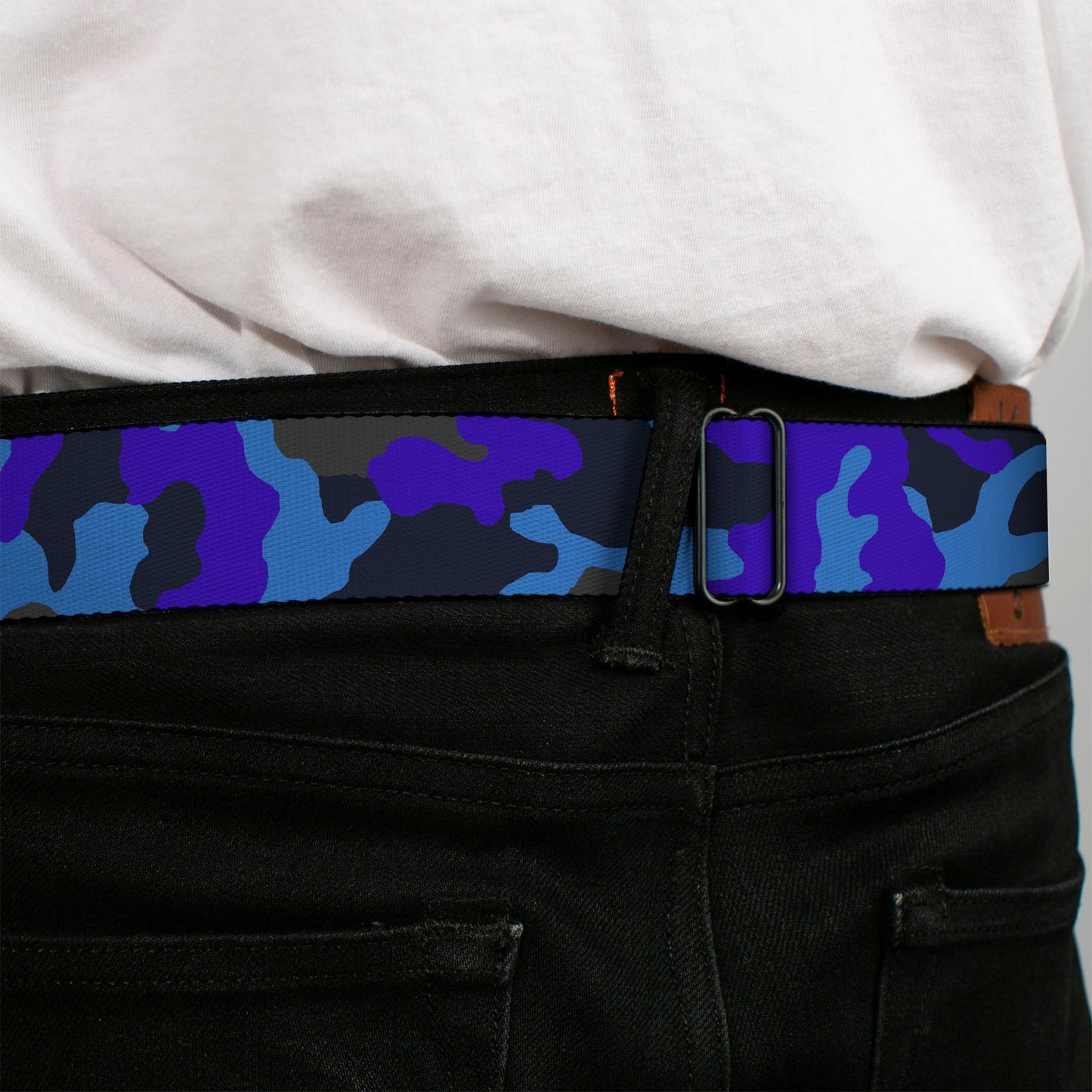 BD Wings Logo CLOSE-UP Full Color Black Silver Seatbelt Belt - Camo Blue Webbing