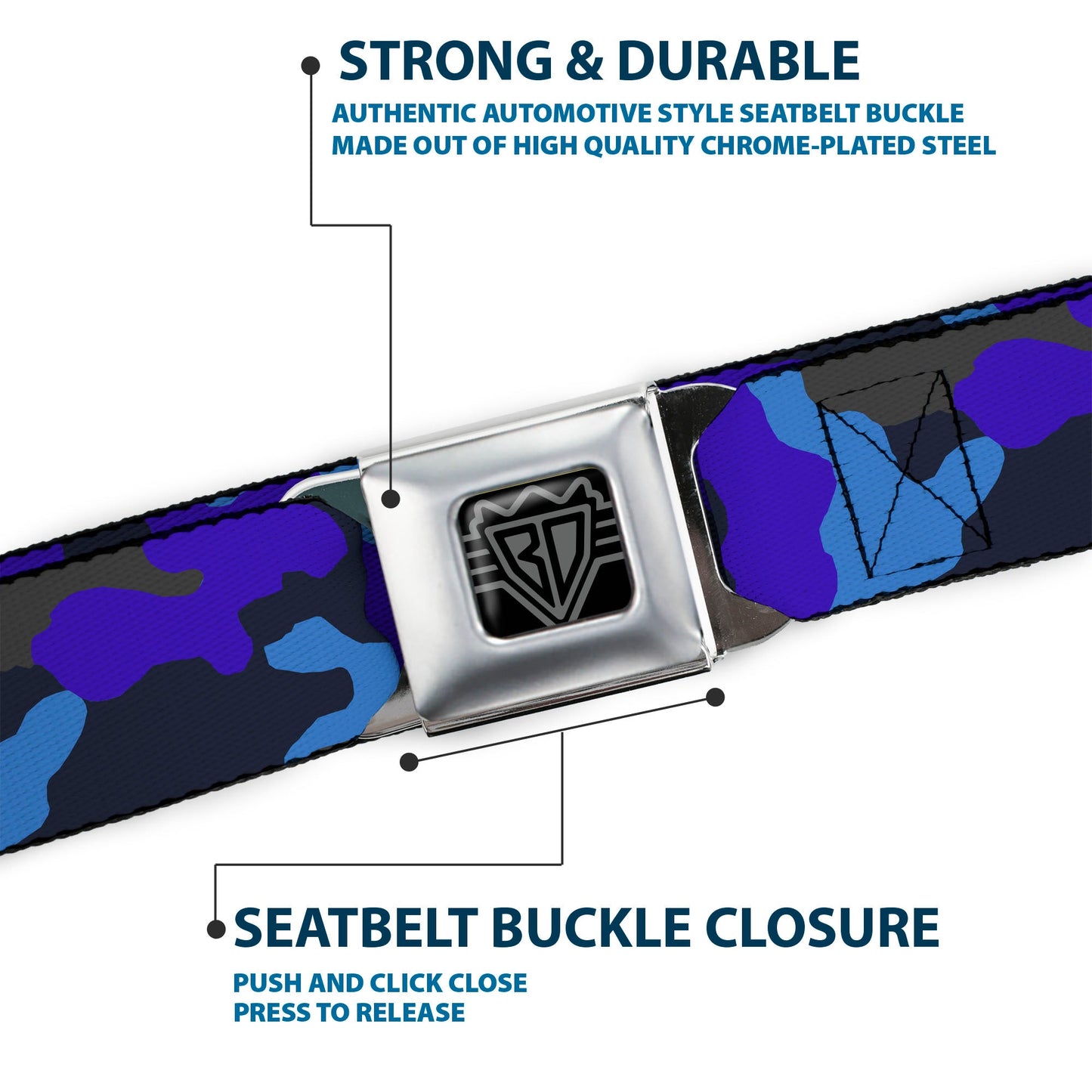 BD Wings Logo CLOSE-UP Full Color Black Silver Seatbelt Belt - Camo Blue Webbing