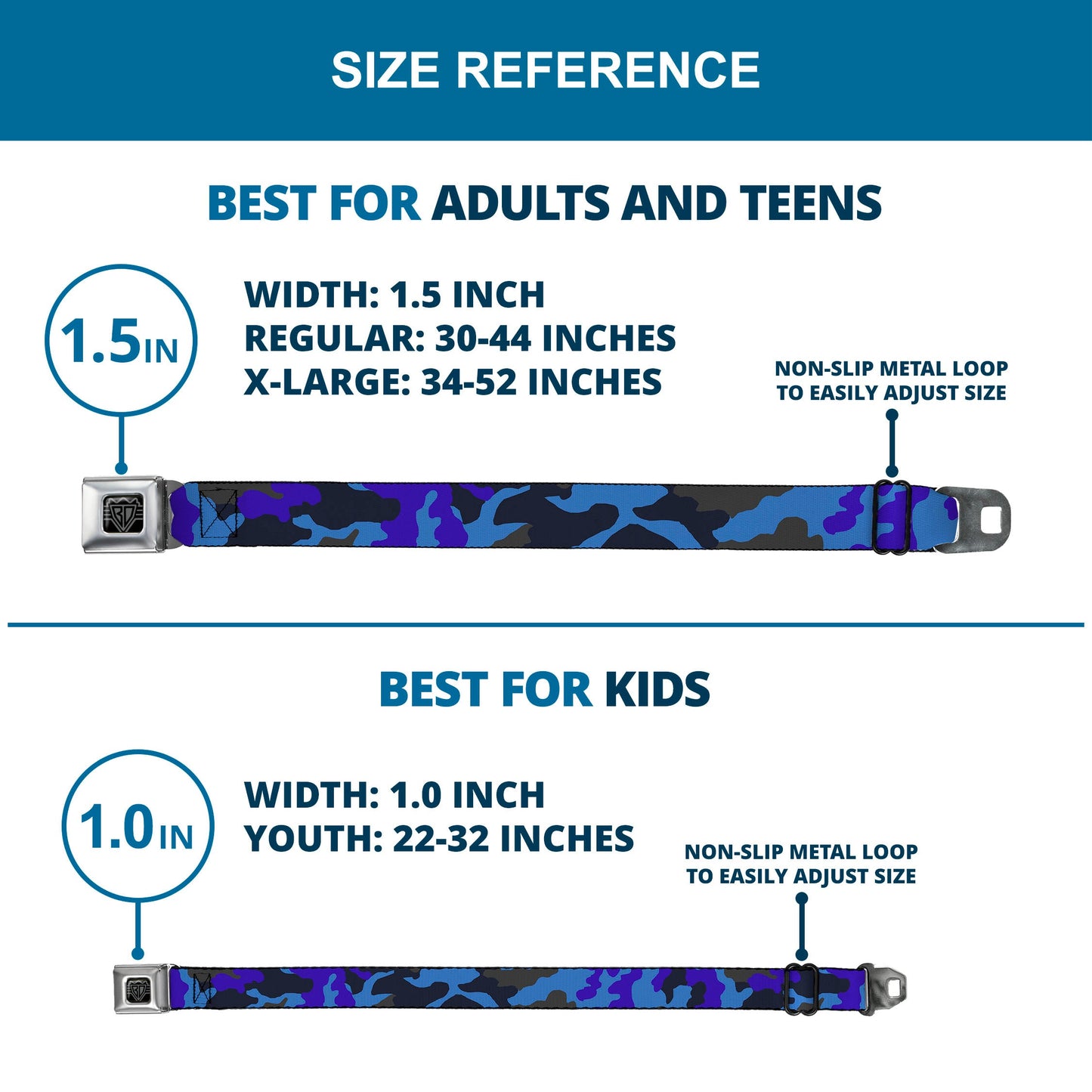 BD Wings Logo CLOSE-UP Full Color Black Silver Seatbelt Belt - Camo Blue Webbing