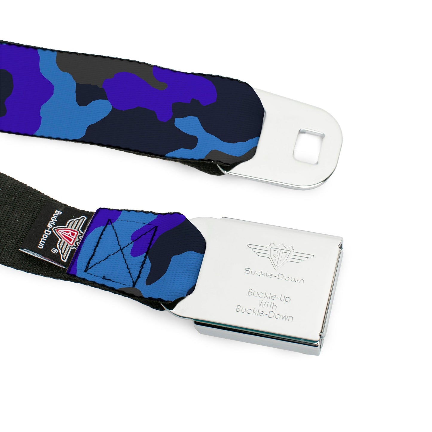 BD Wings Logo CLOSE-UP Full Color Black Silver Seatbelt Belt - Camo Blue Webbing