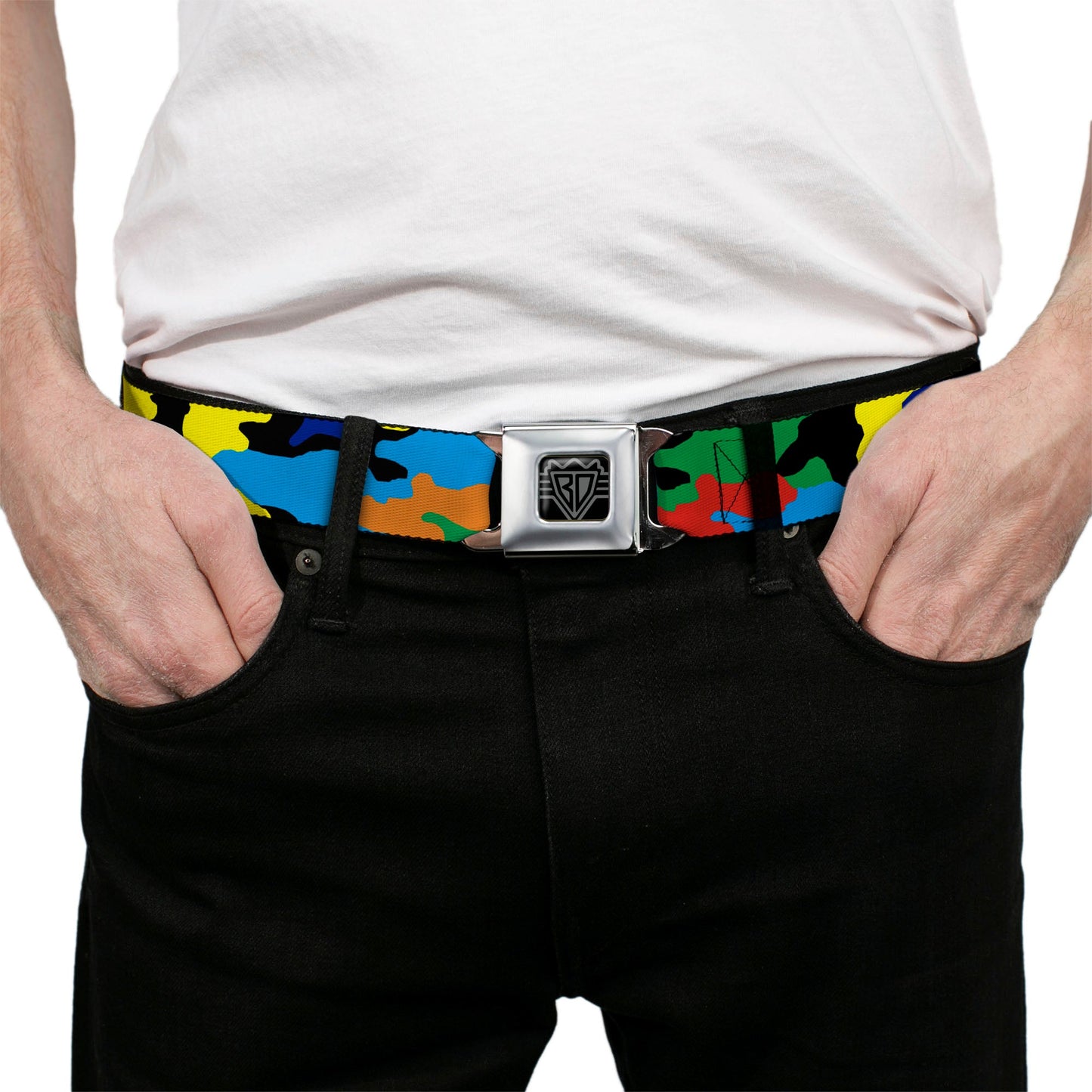 BD Wings Logo CLOSE-UP Full Color Black Silver Seatbelt Belt - Camo Multi Neon Webbing