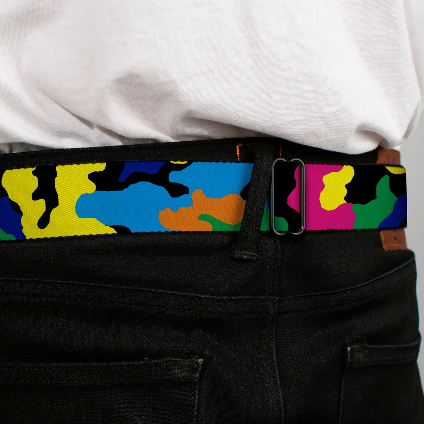 BD Wings Logo CLOSE-UP Full Color Black Silver Seatbelt Belt - Camo Multi Neon Webbing