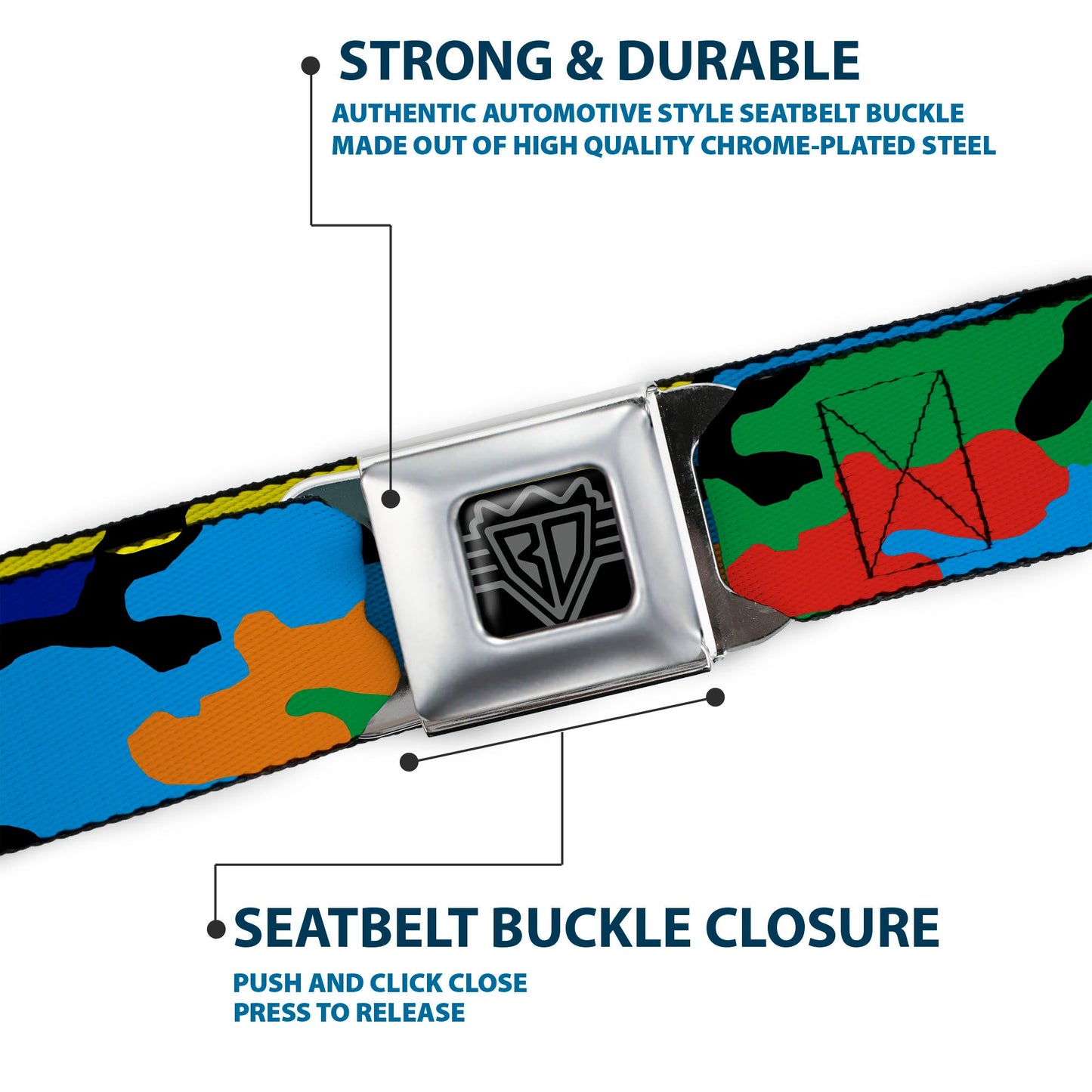 BD Wings Logo CLOSE-UP Full Color Black Silver Seatbelt Belt - Camo Multi Neon Webbing