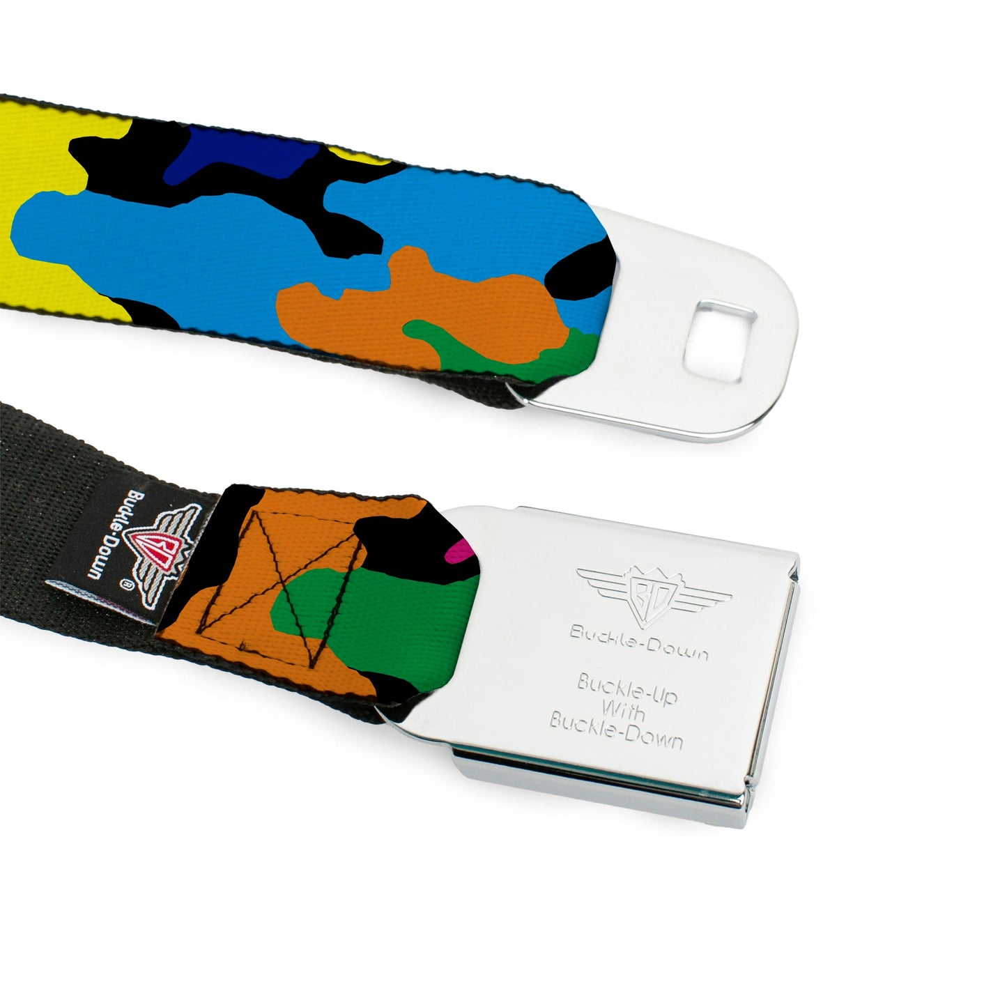 BD Wings Logo CLOSE-UP Full Color Black Silver Seatbelt Belt - Camo Multi Neon Webbing
