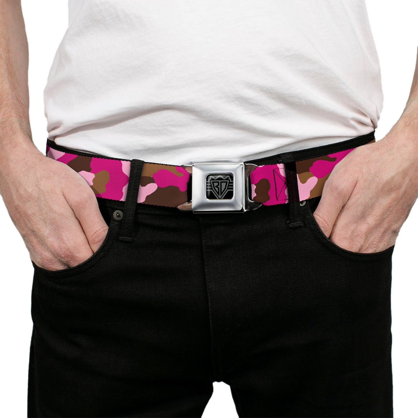 BD Wings Logo CLOSE-UP Full Color Black Silver Seatbelt Belt - Camo Pink Webbing