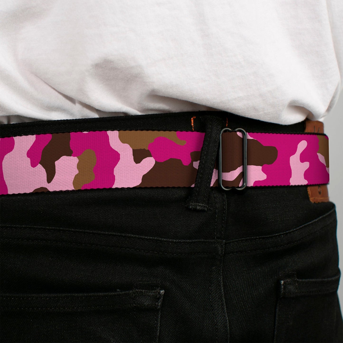 BD Wings Logo CLOSE-UP Full Color Black Silver Seatbelt Belt - Camo Pink Webbing