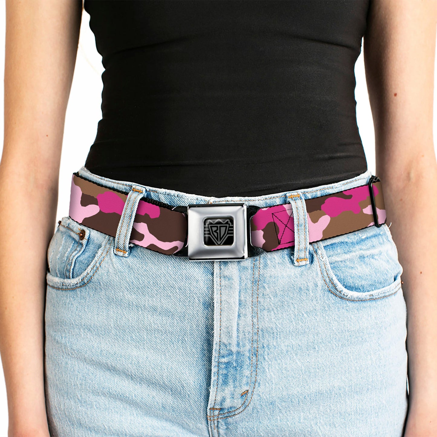 BD Wings Logo CLOSE-UP Full Color Black Silver Seatbelt Belt - Camo Pink Webbing