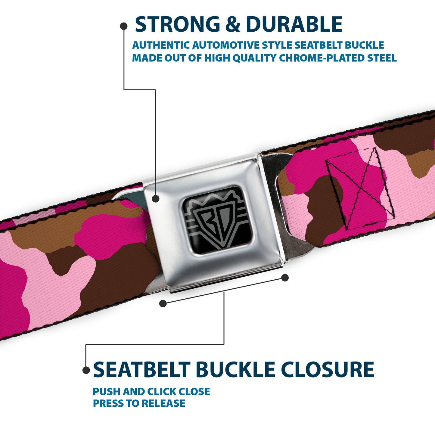 BD Wings Logo CLOSE-UP Full Color Black Silver Seatbelt Belt - Camo Pink Webbing